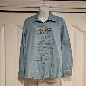 POL Chambray Blue Southwestern LS Shirt Sz S